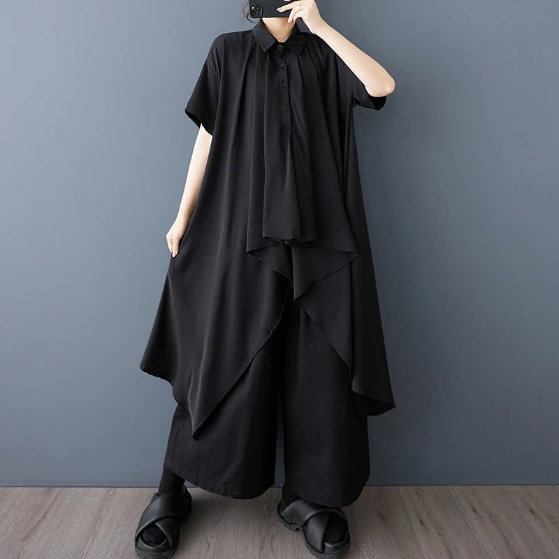 XITAO Asymmetric Single Breasted Short Sleeve Shirt Solid Color Dot Turn-down Collar Long Style Summer Women Blouse GYX1635