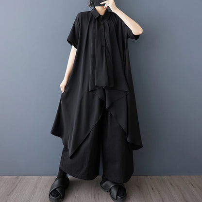 XITAO Asymmetric Single Breasted Short Sleeve Shirt Solid Color Dot Turn-down Collar Long Style Summer Women Blouse GYX1635