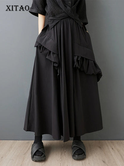 XITAO Patchwork Edible Tree Fungus Skirts Pocket Solid Color Elastic Waist A-line Loose Temperament Woman Skirts ZMY1252