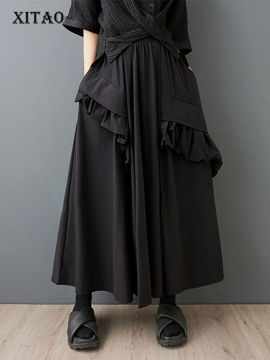 XITAO Patchwork Edible Tree Fungus Skirts Pocket Solid Color Elastic Waist A-line Loose Temperament Woman Skirts ZMY1252