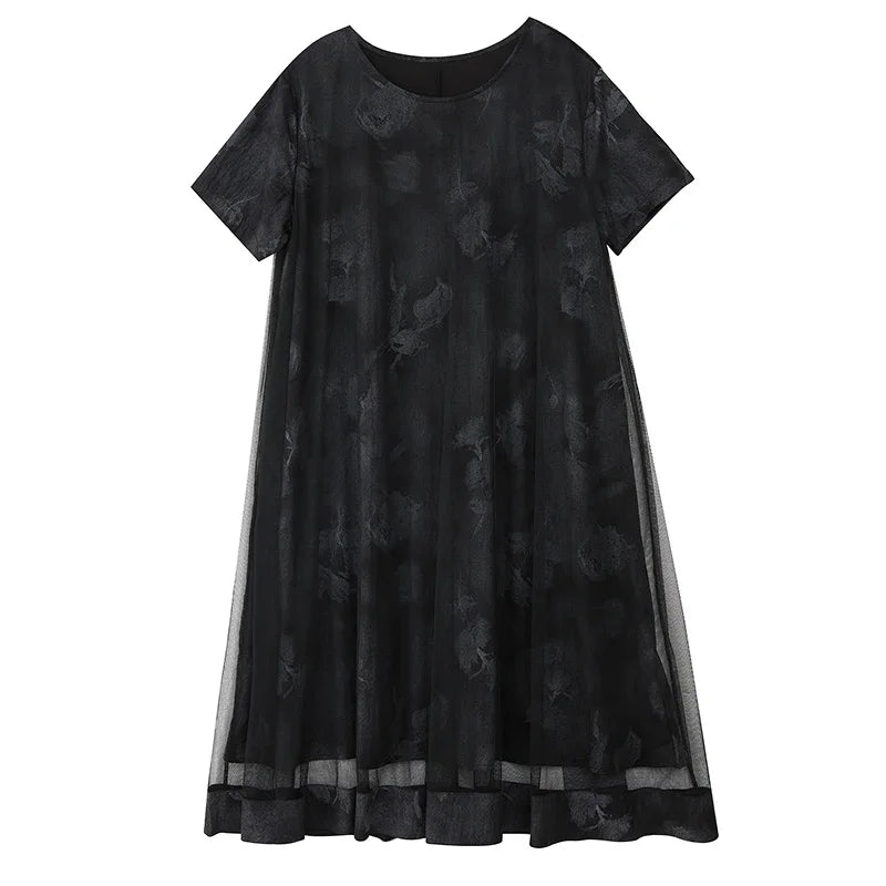 XITAO Loose Mesh Patchwork Print Female Dress Fashion Elegant Trend A-line Women Short Sleeve O-neck Pullover Dress ZMY1250