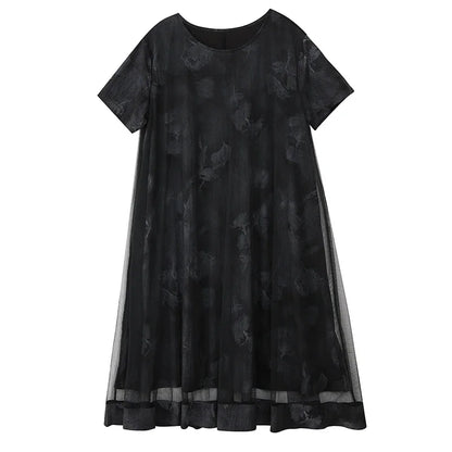 XITAO Loose Mesh Patchwork Print Female Dress Fashion Elegant Trend A-line Women Short Sleeve O-neck Pullover Dress ZMY1250