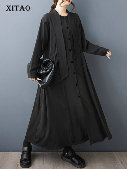 XITAO Drawstring Full Sleeve Vintage Dress Solid Color Single Breasted Loose Pocket Casual All-match Simple Woman Dress ZMY1407
