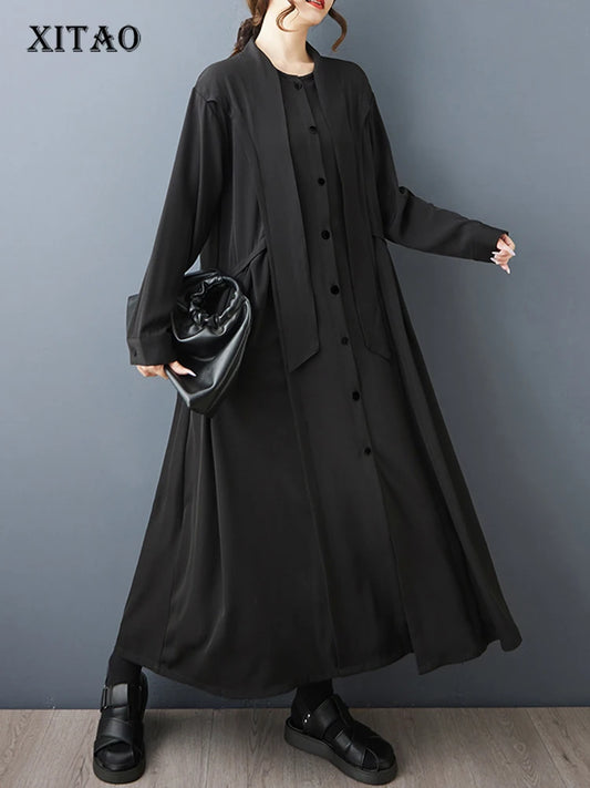 XITAO Drawstring Full Sleeve Vintage Dress Solid Color Single Breasted Loose Pocket Casual All-match Simple Woman Dress ZMY1407