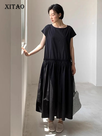 XITAO Solid Color Drawstring Dress O-neck Simple Temperament Pullover Slimming Loose Summer Woman A-line Casual Dress ZMY1331