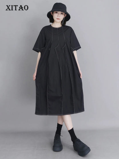 XITAO Solid Color O-neck Simple Dress Short Sleeve Slimming Patchwork Asymmetrical A-line Pullovers Summer Woman Dress ZMY1368