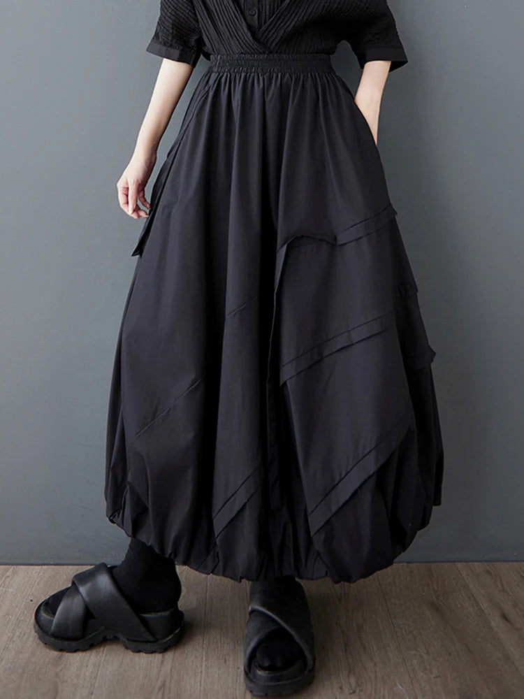 XITAO Bud Pocket Elastic Waist Skirt A-line Casual Loose Fit Solid Color Pleated Fashion Patchwork Summer Women Skirt HQQ2470