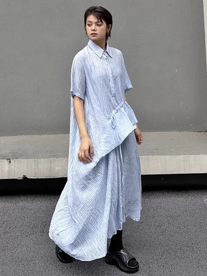 XITAO Irregular Striped Drawstring Dress Turn-down Collar Loose Casual Short Sleeve Personality Summer Woman Dress HQQ2490