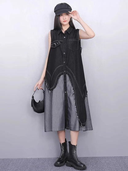 XITAO Casual Patchwork Dress Loose Irregular Turn-down Collar Single Breasted Women Summer Trend A-line Shirt Dress ZMY1158