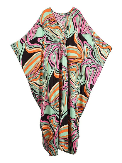 XITAO Vintage Print Contrast Color Dress V-neck Bat Wing Sleeve Loose Slimming Temperament Fashion Summer Woman Dress GJ1196