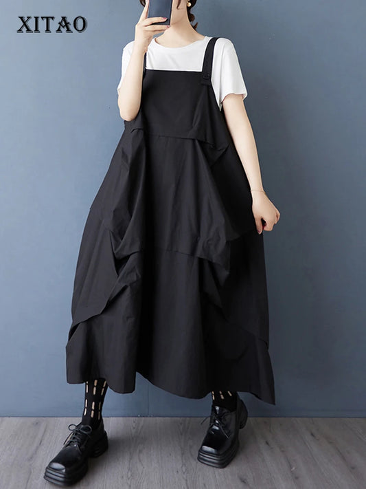 XITAO Irregular Folds Women Dress Loose Slimming A-line Women Summer Sleeveless Solid Color Temperament Trend Dress ZMY1211