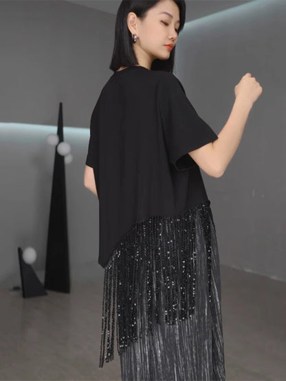 XITAO Casual Asymmetric T-shirt Personality Tassel Patchwork Women Loose O-neck Short Sleeve Slimming All-match Top ZMY1160