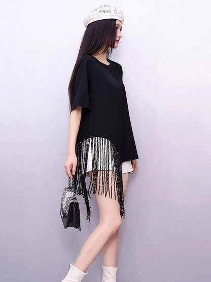 XITAO Tassels Asymmetrical Solid Color T-Shirts O-neck Loose Short Sleeve Pullovers Simple Summer Woman T-Shirts ZMY1262