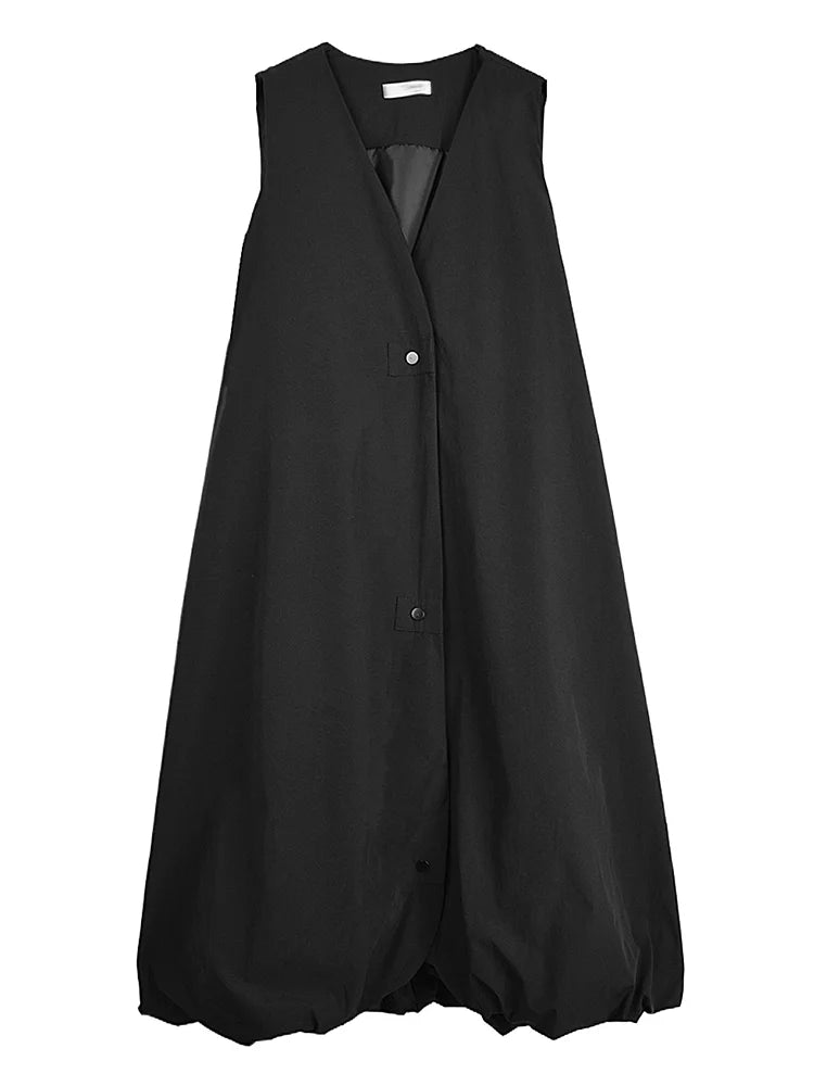 XITAO Single Breasted V-neck Sleeveless Dress Casual Solid Color A-line New Arrival Personality Simple Spring Dress HQQ2449