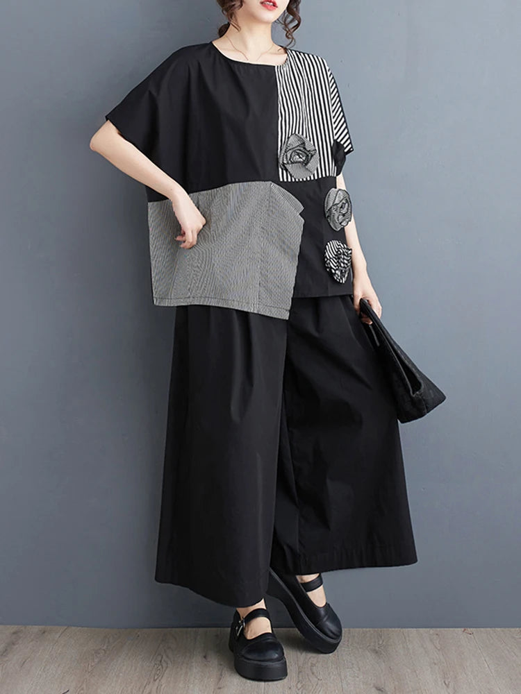 XITAO Asymmetrical T-shirt Contrast Color Striped Patchwork Three-dimensional Flower Decoration Women Summer New Top ZY8814