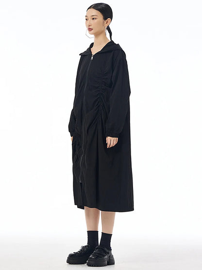 XITAO Pleated Zipper Hooded Full Sleeve Dress Loose Fitting A-line Vintage Japanese Style Leisure Spring Women Dress HQQ2440