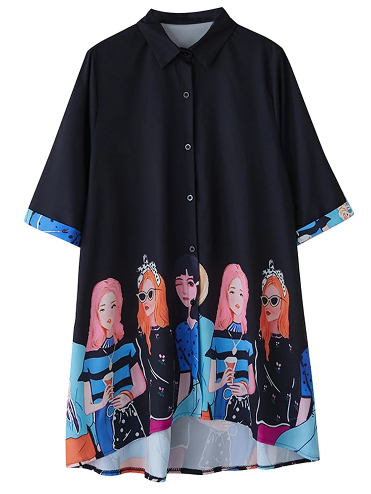 XITAO Print Single Breasted Loose Female Dress Half Sleeve Turn-down Collar Casual Cartoon Summer Women Irregular Dress ZMY1218