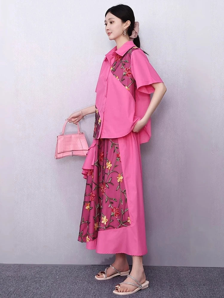XITAO Asymmetrical Gauze Flower Sets Patchwork Embroidery Turn-down Collar Short Sleeve Loose Elegant Two-piece Sets HQQ2503