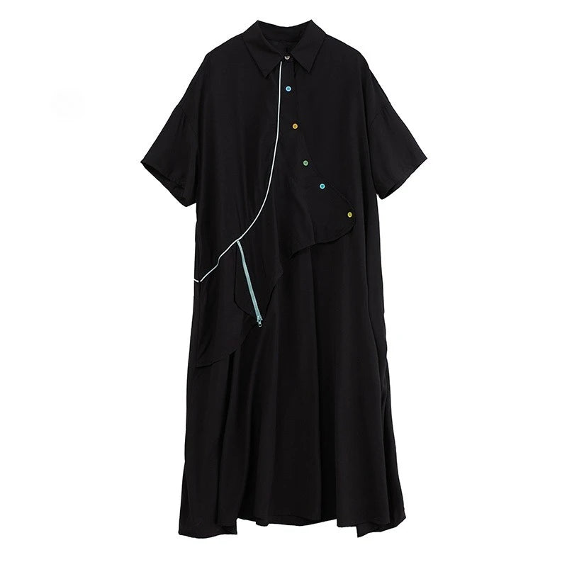 XITAO Asymmetrical Patchwork Single Breasted Dress Turn-down Collar Short Sleeve Pullover Loose Casual Slimming Dress ZMY1055