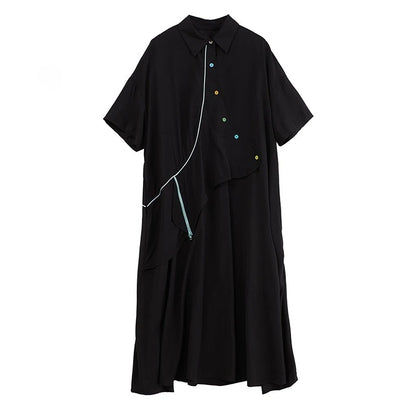 XITAO Asymmetrical Patchwork Single Breasted Dress Turn-down Collar Short Sleeve Pullover Loose Casual Slimming Dress ZMY1055