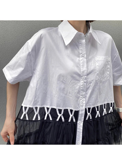 XITAO Mesh Single Breasted Turn-down Collar Dress Casual Slimming A-line Patchwork Short Sleeve Summer Women Dress ZMY1073