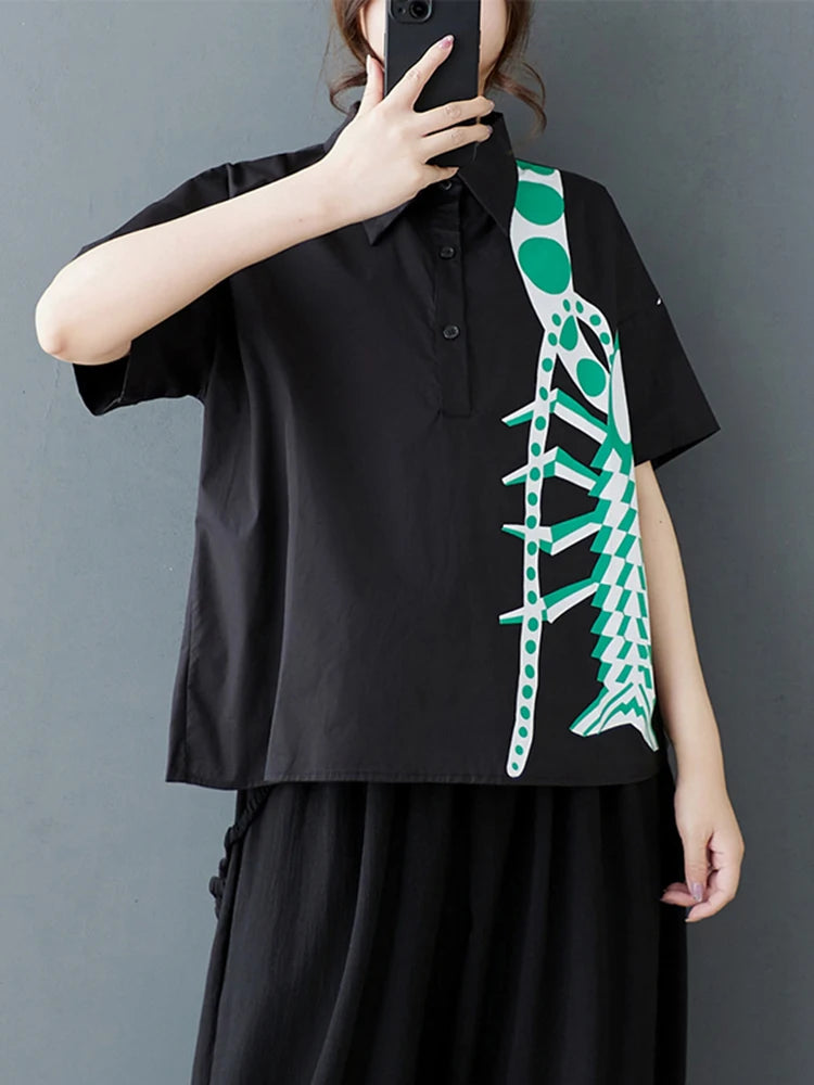XITAO Print Irregular Half Sleeve Shirt Casual Turn-down Collar Loose Fit Vintage Single Breasted Summer Women Blouse GYX1534