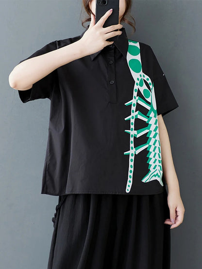 XITAO Print Irregular Half Sleeve Shirt Casual Turn-down Collar Loose Fit Vintage Single Breasted Summer Women Blouse GYX1534