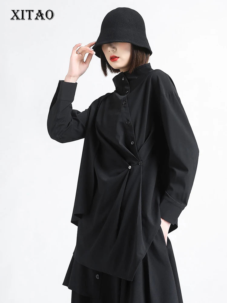 XITAO Single Breasted Half High Collar Shirt Asymmetrical Patchwork Solid Color Long Sleeve Folds Pullover Loose Tops HQQ2500