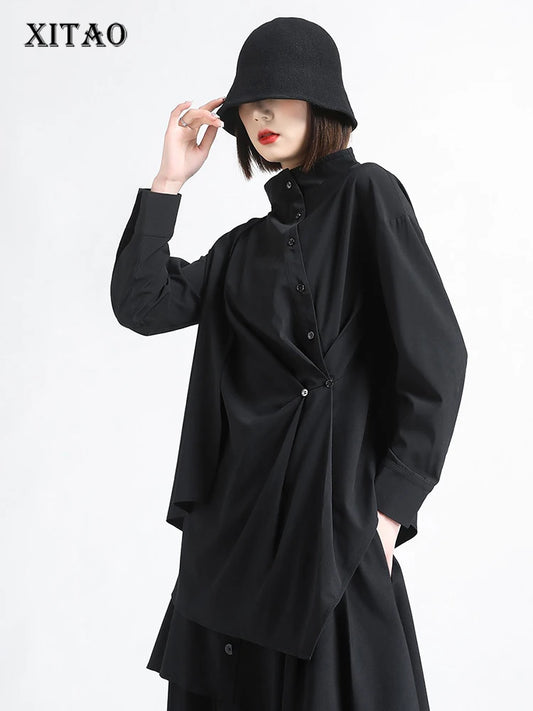 XITAO Single Breasted Half High Collar Shirt Asymmetrical Patchwork Solid Color Long Sleeve Folds Pullover Loose Tops HQQ2500