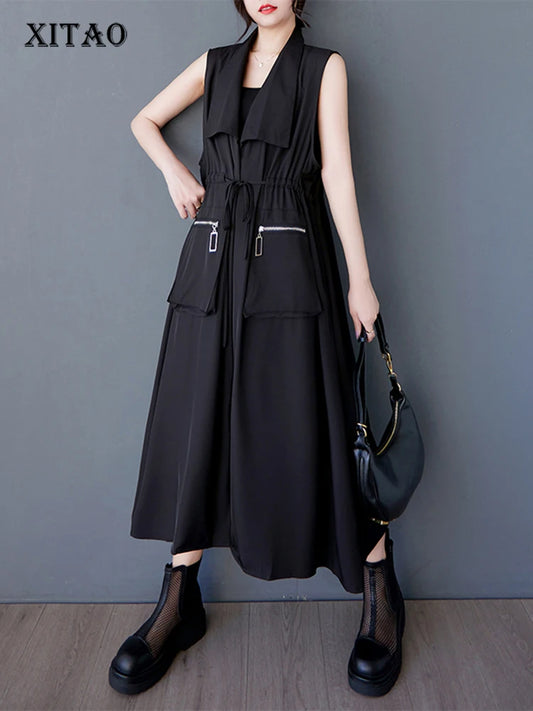 XITAO Pocket Zipper Open Stitch Vest Casual Solid Color A-line Turn-down Collar New Patchwork Sleeveless Female Vest GYX1574