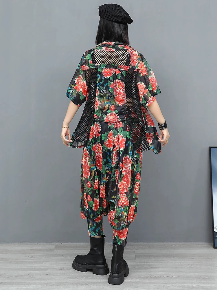 XITAO Hollow Out Asymmetrical Print Sets Turn-down Collar Loose Short Sleeve Personality Elastic Waist Woman Sets GYX1664