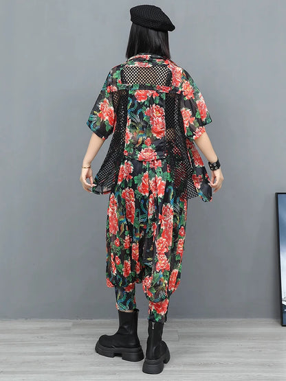 XITAO Hollow Out Asymmetrical Print Sets Turn-down Collar Loose Short Sleeve Personality Elastic Waist Woman Sets GYX1664