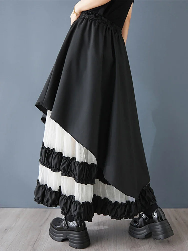XITAO Gauze Patchwork Contrast Color Asymmetrical Skirt Elastic Waist Loose Casual Temperament A-line Slimming Skirt ZMY1352