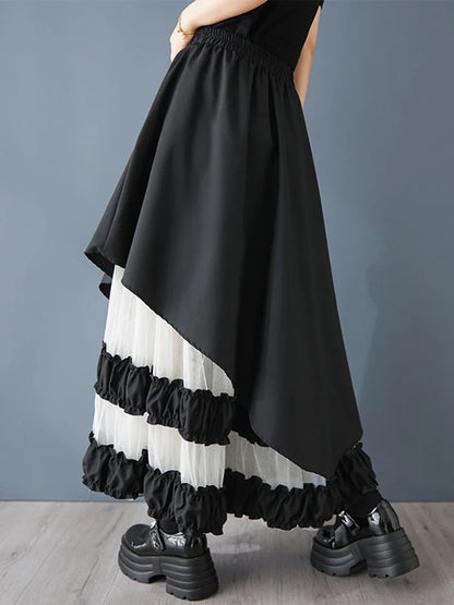 XITAO Gauze Patchwork Contrast Color Asymmetrical Skirt Elastic Waist Loose Casual Temperament A-line Slimming Skirt ZMY1352