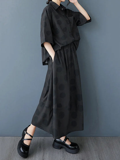 XITAO Polka Dot Print Pocket Patchwork Female Sets Turn-down Collar Short Sleeve Loose Top Elastic Waist Skirt HQQ2486