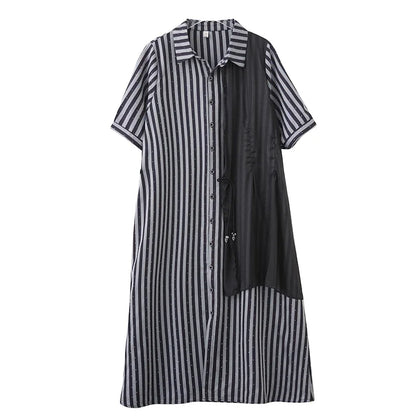 XITAO Irregular Contrast Color Dress Patchwork Striped Short Sleeve Turn-down Collar Temperament Summer Woman Dress ZMY1277