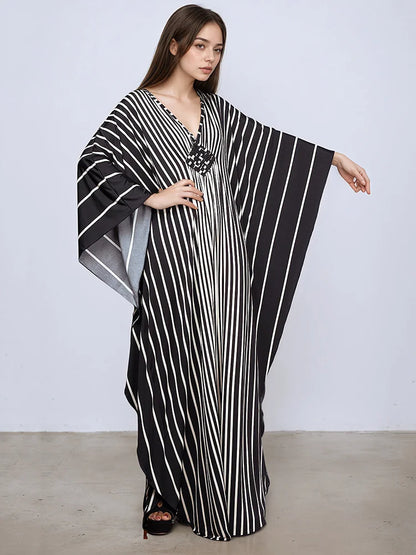 XITAO Stripe Print V-neck Dress Batwing Sleeve A-line Full Sleeve Personality Pullover Fashion Goddess Summer Women Dress GJ1151