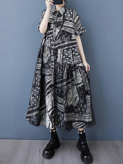 XITAO Gauze Patchwork Print Single Breasted Dress Turn-down Collar Sort Sleeve Pullover Loose Mid-calf Casual Dress ZMY1138