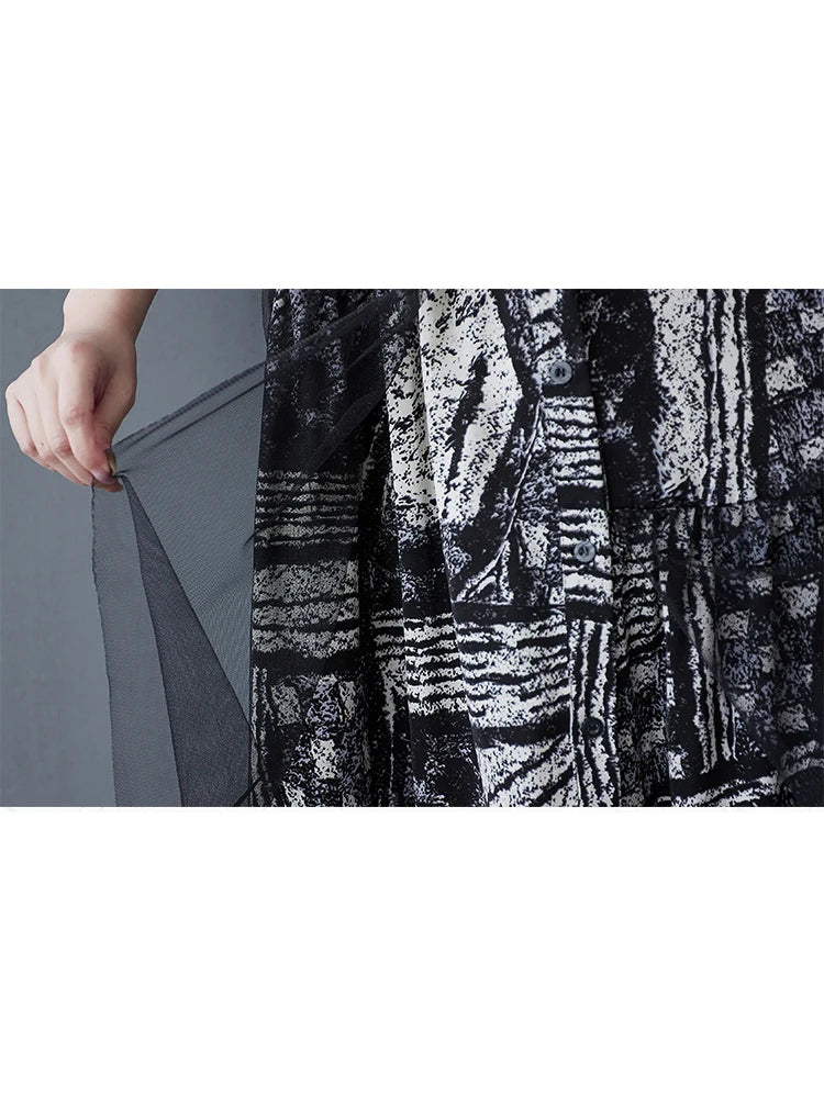 XITAO Gauze Patchwork Print Single Breasted Dress Turn-down Collar Sort Sleeve Pullover Loose Mid-calf Casual Dress ZMY1138