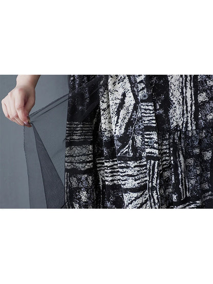 XITAO Gauze Patchwork Print Single Breasted Dress Turn-down Collar Sort Sleeve Pullover Loose Mid-calf Casual Dress ZMY1138