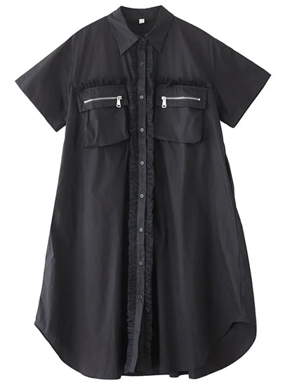XITAO Patchwork Pocket Contrast Color Dress Turn-down Collar Single Breasted A-line Loose Fitting Simple Summer Dress ZMY1371