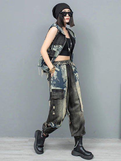 XITAO Personalized Fashion Pant Set New Print Patchwork Vintage Women Spring Hooded Vest Sleeveless Casual Loose Set DMJ4090
