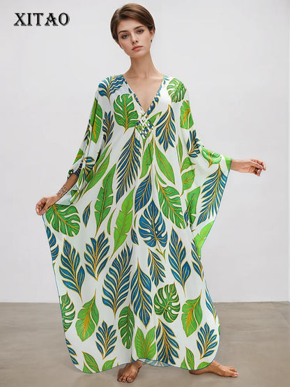 XITAO Loose Bat Wing Sleeve V-neck Dress Side Slit Trend New Arrival Fashion Pullover Summer Print All-match Woman Dress GJ1197