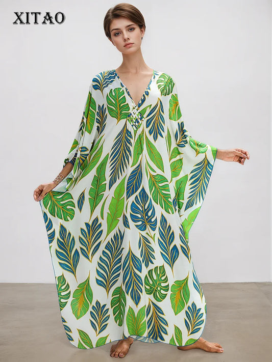 XITAO Loose Bat Wing Sleeve V-neck Dress Side Slit Trend New Arrival Fashion Pullover Summer Print All-match Woman Dress GJ1197