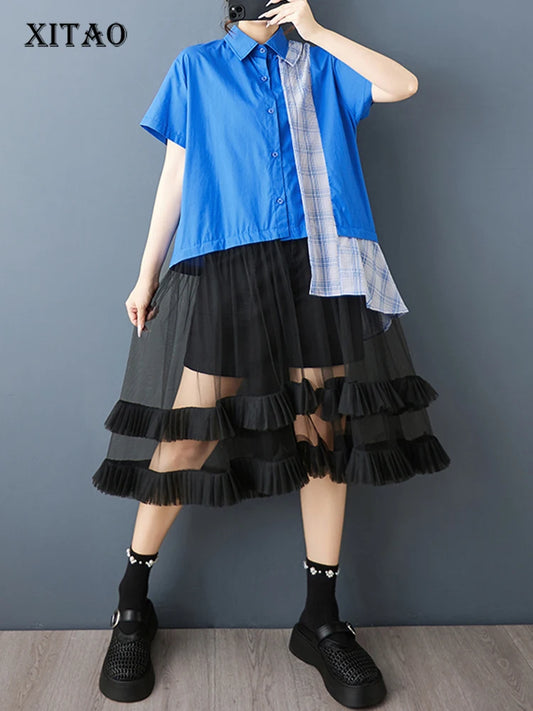 XITAO Asymmetrical Gauze Patchwork Dress Fashion Short Sleeve Turn-down Collar Loose Casual All-match Summer Woman Dress ZMY1388