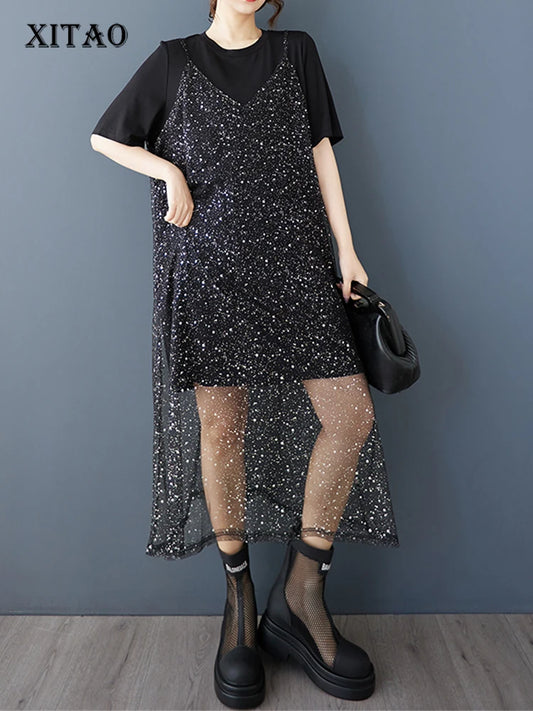 XITAO Mesh Sequin Short Sleeve Dress Casual Loose Fitting Two-piece New Arrival Solid Color A-line Summer Women Dress ZMY1194