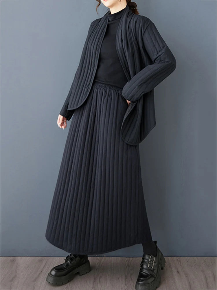 XITAO Irregular Stripe Matching Set Casual V-neck Full Sleeve Elastic Waist Solid Color Mid-calf Winter Women Dress Set GMM1296