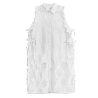 XITAO A-line Casual Solid Color Loose Fit Turn-down Collar Dress Hollow Out Sleeveless Lace New Autumn Women Dress GMM1104
