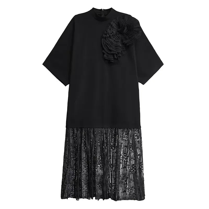 XITAO Three-dimensional Decoration Lace Patchwork Dress Solid Color Batwing Sleeve Half High Collar Fashion Dress Autumn GYX1019