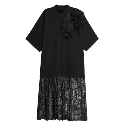 XITAO Three-dimensional Decoration Lace Patchwork Dress Solid Color Batwing Sleeve Half High Collar Fashion Dress Autumn GYX1019